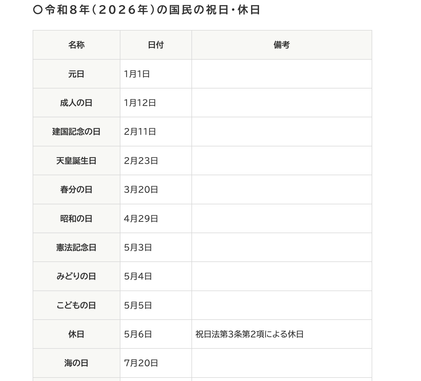 2026年日本國定假日